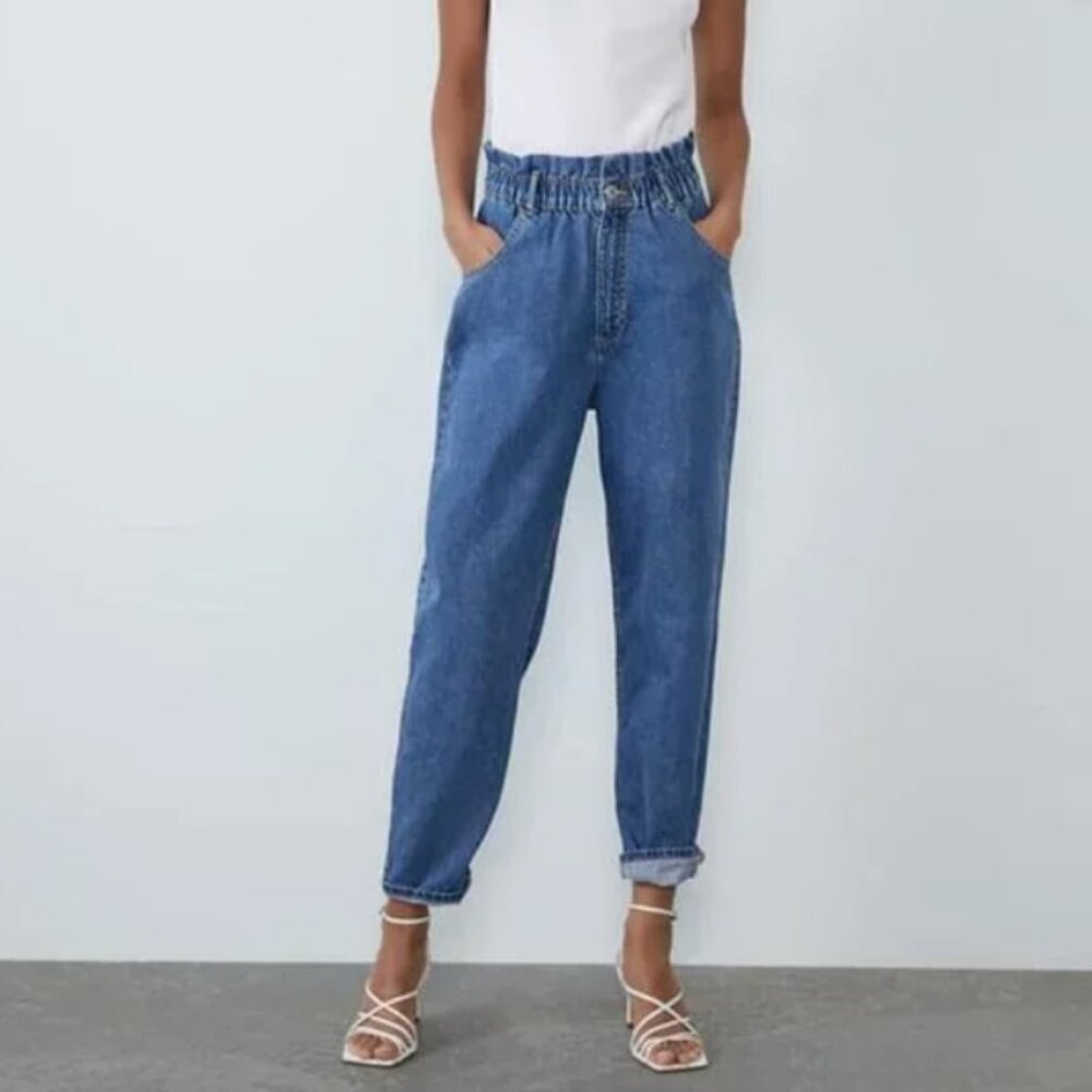 Zara Paperbag Waist Straight Leg Baggy Jeans Size 10 Trendy Denim